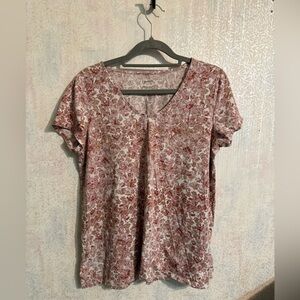 Pure Jill Elegant Floral Slit Sides V-Neck Short Sleeve Top, 100% Pima Cotton Sm